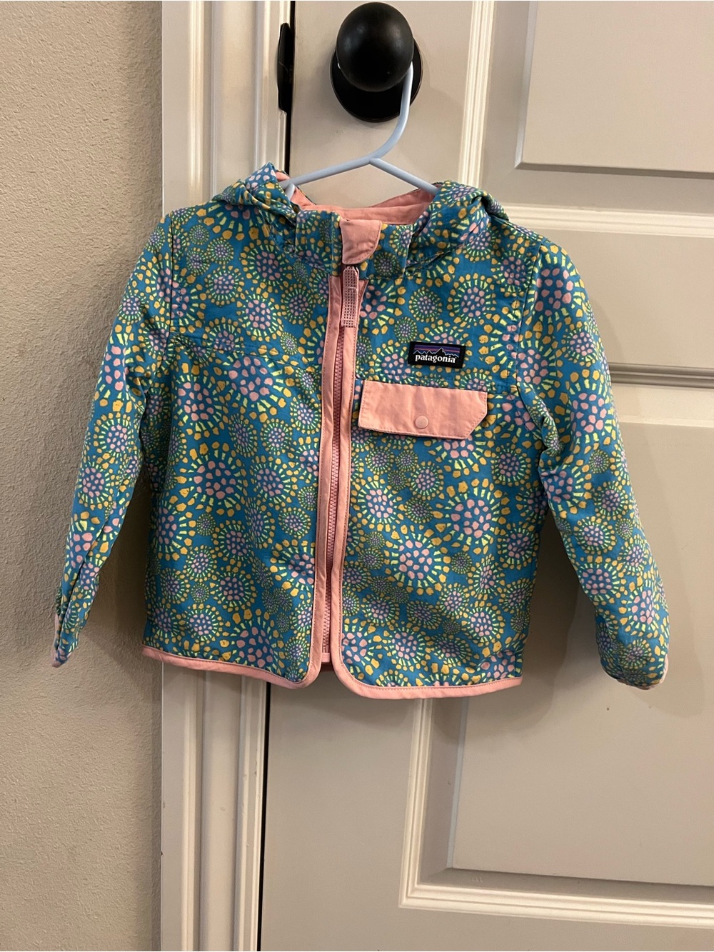 Patagonia Kids Teal Floral Raincoat with Pink Trim